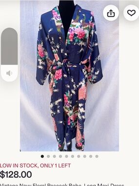 Vintage Navy Floral Peacock Kimono Robe - Navy/Pink